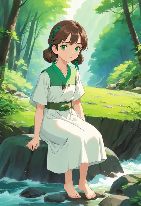 Pale girl 20 years old, with two dark brown braids below the waist, gray-green eyes, in a white vintage dress with a green belt, and sits barefoot in the middle of the forest by a mountain river