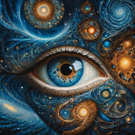 (masterpiece), (best quality:1.3), a painting of an eye with a blue background and a spiral pattern, the eye of the universe, highly detailed visionary art, hyper detailed art, hypnotic, surrealist art, mystic eye, intricate oil painting, stars are hidden ...