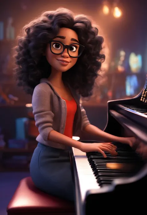 Pixar style image with 3D character glasses a young black brunette long curly hair sitting playing keyboard in studio, Pixar, Disney, Cinema lighting,