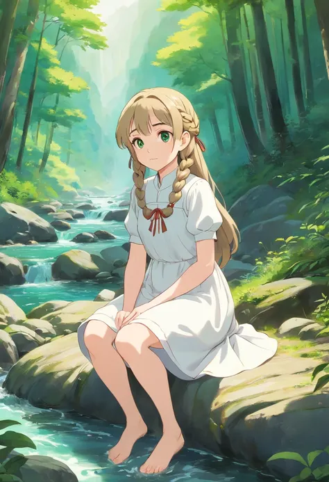 Pale girl 20 years old, with two waist-length dark blonde braids, gray-green eyes, In a white old dress and barefoot sits in the middle of the forest near a mountain river