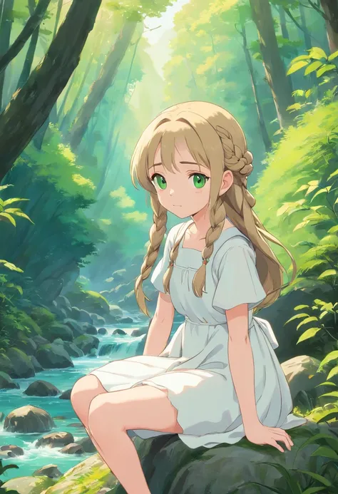 Pale girl 20 years old, with two waist-length dark blonde braids, gray-green eyes, In a white old dress and barefoot sits in the middle of the forest near a mountain river