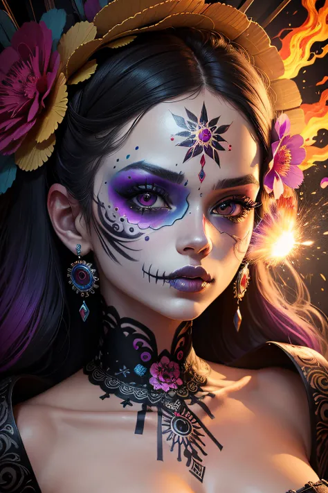 in a psychedelic style a representation of the Day of the Dead on a female face, magnificent and detailed. Lots of texture and an explosion of multiple colored powder in the background