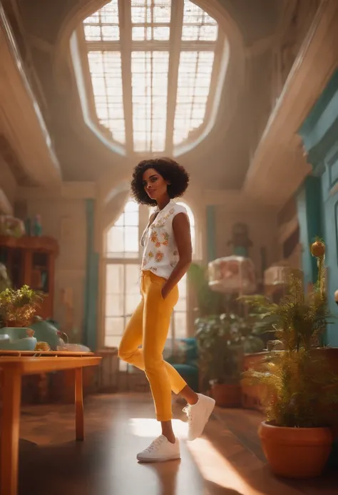 Criar um personagem no estilo pixar dentro de um jaleco. personagem morena, cabelos presos, blusa branca, white pant, white sneakers.