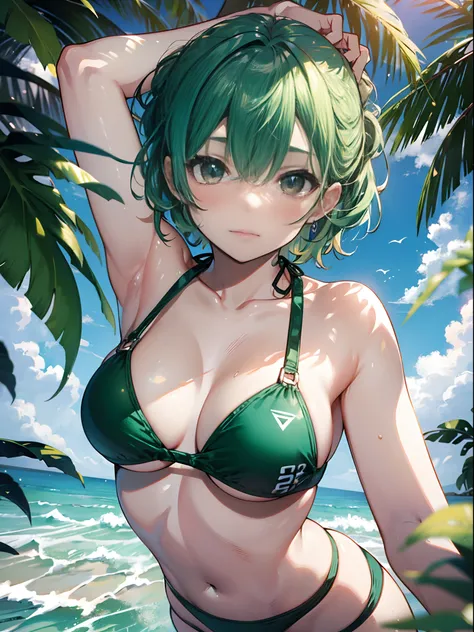 high-level image quality、top-quality、Does not blush cheeks、Sunny Beach、Slender beauty、{swim wears}、{The bikini}、short hair of emerald green、put your hair up