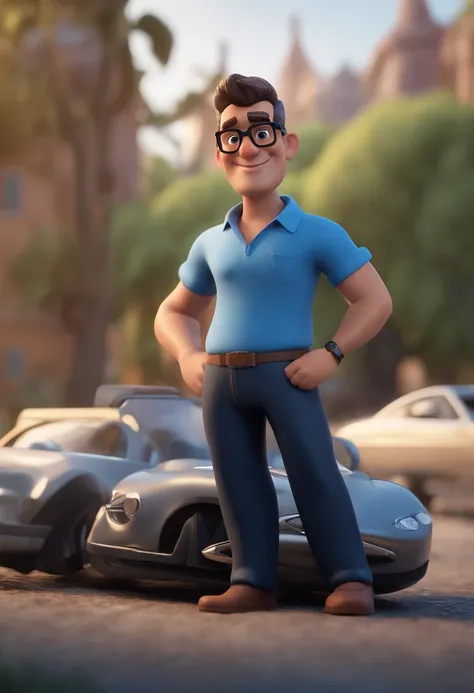 Cartoon character of a man with black glasses and a blue shirt, animation character, Caractere estilizado, animation style rendering, 3D estilizado, Arnold Maya render, 3 d render stylized, toon render keyshot, Personagem 3D, Personagem 3D, 3d rendering st...