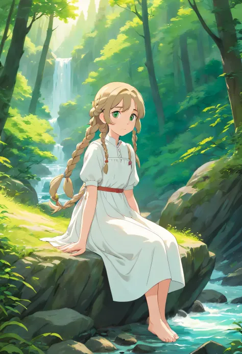 Pale girl 20 years old, with two waist-length dark blonde braids, gray-green eyes, In a white old dress and barefoot sits in the middle of the forest near a mountain river