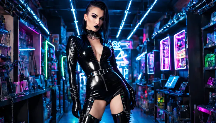 cyberpunk woman wearing black shiny low-cut pvc jumpsuit , wearing thigh high boots , chains , spikes and studs , in cyberpunk pvc clothes shop at night , inlightened with neons