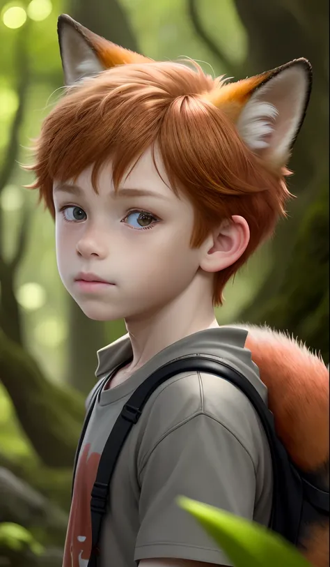 (best quality,highres,ultra-detailed),a 12-year-old boy with brown and ginger hair, freckles, small red fox ears, and a red tail, wearing a gray shirt, [illustration] style, [vivid colors], [sharp focus], [studio lighting], [physically-based rendering], [u...