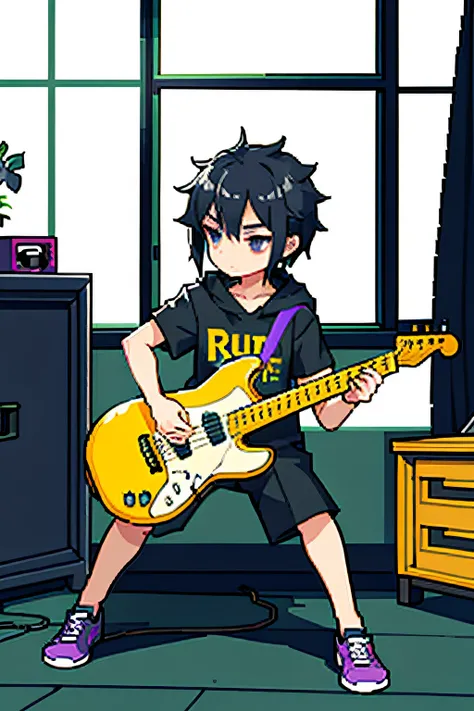 pix, boy，black color hair， spiky hair, playing guitar，in the bedroom studio，headphones, purple eyes