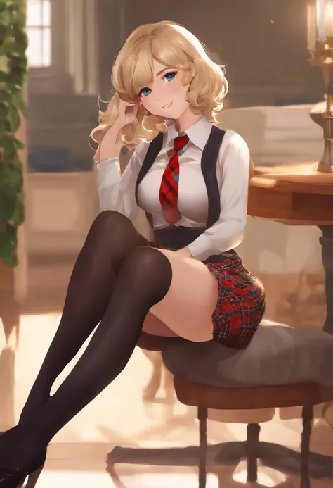 Amelia Watson, 1girl, blonde hair, Short hair, black tights, ssmile, Ultra Detailed, 8K, Masterpiece, detailed legs, Average Breasts, amelia_detective, collared shirt, red necktie, plaid skirt, thighhighs