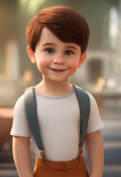 a happy cute kid standing short hair, vestindo uma fantasia espacial, , fundo branco, barnet, tom, Estilo Pixar, ..3d, desenhos animados, rosto detalhado, asymmetrical 16k