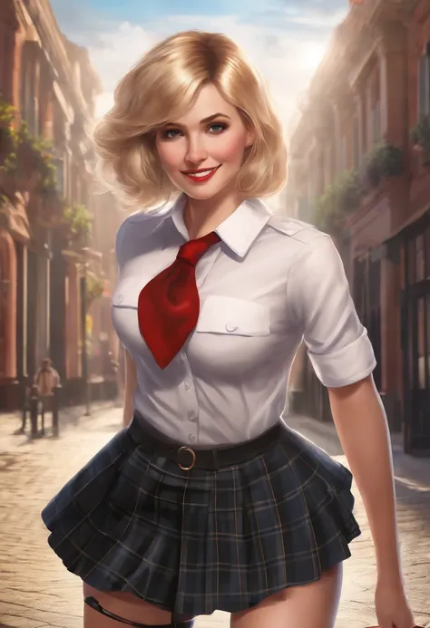 Amelia Watson, 1girl, blonde hair, Short hair, black tights, ssmile, Ultra Detailed, 8K, Masterpiece, detailed legs, Average Breasts, amelia_detective, collared shirt, red necktie, plaid skirt, thighhighs gagged