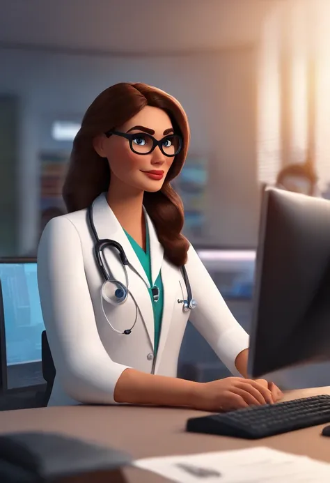 Pixar style image with 3D character white glasses brunette woman straight hair big black in white lab coat working in front of computer in office, Maquiagem Disney,Pescador, bonitinho, sorridente ,Close-up, Pixar, Disney, Cinema lighting,