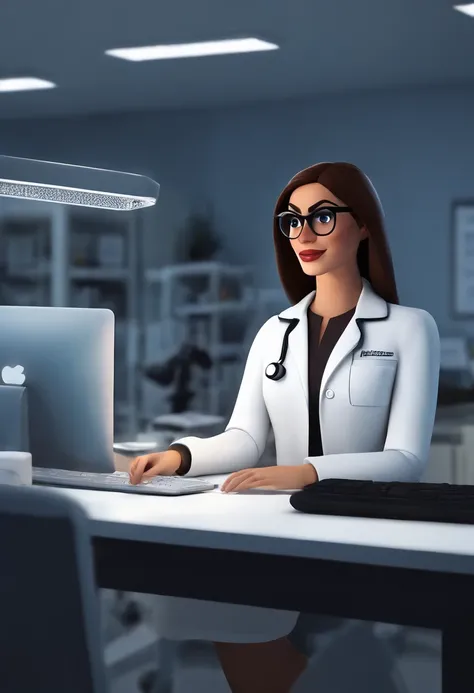 Pixar style image with 3D character white glasses brunette woman straight hair big black in white lab coat working in front of computer in office, Maquiagem Disney,Pescador, bonitinho, sorridente ,Close-up, Pixar, Disney, Cinema lighting,