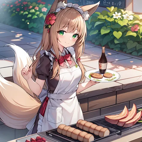 tmasterpiece，best qualtiy，A high resolution，1girll, Solo, (8K wallpaper), (Long brown hair)，(Huge fox tail:1.2)，Green eyes，Small flower headdress，16-year-old girl_C cup，Modern architecture，in the classroom_Cultural celebrations_Maid Cafe Theme，Wearing a ma...