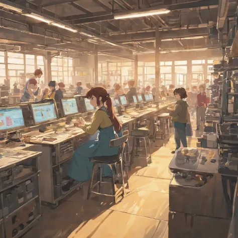 10 people working inside a childrens clothing factory. In the picture there is a clothes cutting machine, Sewing Machines, pessoas recortando roupas, pessoas mexendo no computador, 3 people looking at the camera and waving. People are in simple clothes, de...