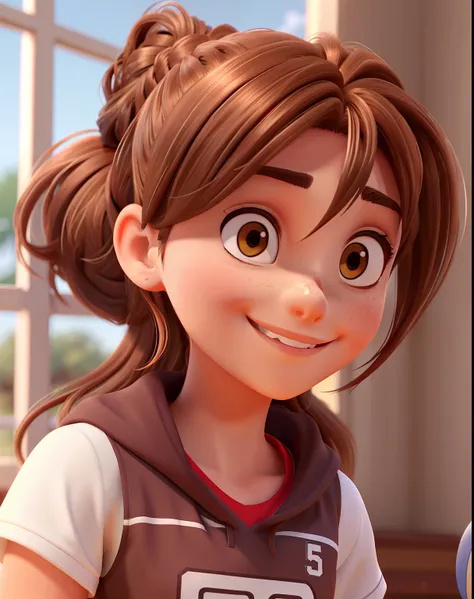 A brown hair volleyball player with highlights and with her hair tied up,olhos claros, nariz empinado e sorriso bonito , de camisa vermelha o nome Rosamaria