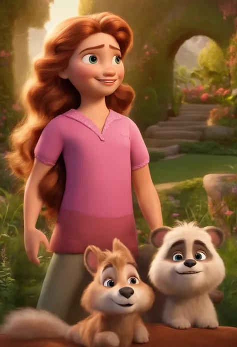 a Disney Pixar movie poster showing a family. The father is the same size as the mother, o pai e moreno, com barba  curta preta, cabelo ondulado com degrade baixo e usa oculos de nerd. The mother has green eyes and light hair, na altura do peito. Tanto o p...