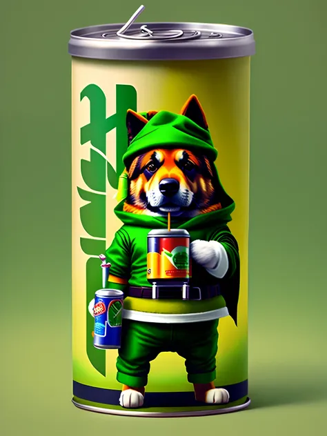 A German shepard dog dressed like Link from The Legend of Zelda holding a can of mountain dew with a straw inside of it .