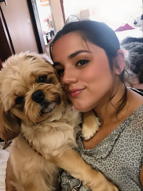 There is a woman holding a dog in her arms, segurando seu shitszu , , selfie of a dog, imagem de qualidade muito baixa, 25 anos de idade mulher, Mulher de 25 anos, imagem de perfil, ela tem cerca de 1 6 anos de idade, Me ajuda