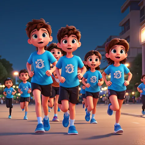 Create a Disney Pixar film style image with a group of 5 young people, 2 boys and 3 girls, 1 girl in front and the others behind, all running in blue t-shirts and running clothes, on the street at night, blurred background with lights effect of the city be...