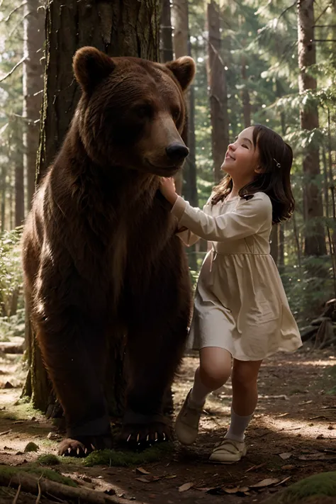 Develop an extraordinarily realistic and cinematic visual representation that captures the energy and emotion of a magical scene, where a joyful young girl runs freely through a lush forest, while playfully interacting with a majestic brown bear. In the im...