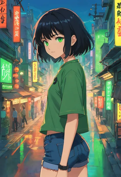 1girl, (masterpiece), black hair, short hair, green eyes, Black Cropped, short jeans, cyberpunk city,