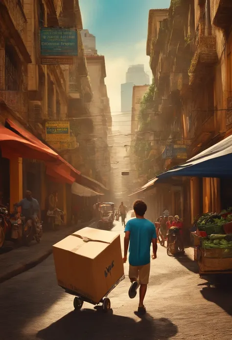 estilo filmes Pixar, Com nome "CJS MotoWeb |", poster, With credits with a young man running disheveled to deliver the boxes from Mercado Libre, On a busy street in Sao Paulo