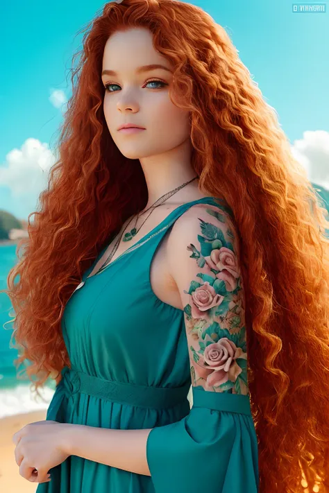 qualidade absurda. natural  lightting. hiper-realismo. fantastic illustration. redhead girl with long curly hair and rose tattoo...