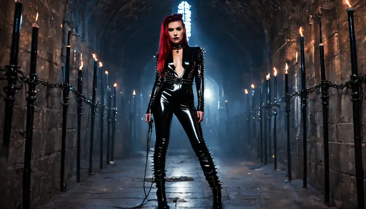 cyberpunk woman wearing black shiny low-cut pvc jumpsuit , wearing thigh high boots , chains , spikes and studs , in crypt at ni...