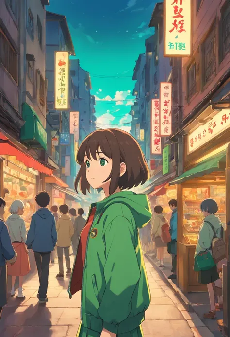 anime girl in green jacket standing in a crowded city street, anime style 4 k, inspired by Liam Wong, best anime 4k konachan wallpaper, anime art wallpaper 8 k, anime moe artstyle, anime art wallpaper 4 k, anime art wallpaper 4k, ilya kuvshinov. 4 k, anime...