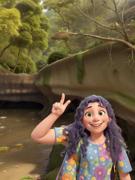 menina em visita a uma cachoeira, feliz, cabelos longos e cacheados, roupa colorida, proximo a um rio, paisagem verde, sorrindo, disney pixer, melhor qualidade, altissima qualidade, nitidez, obra prima