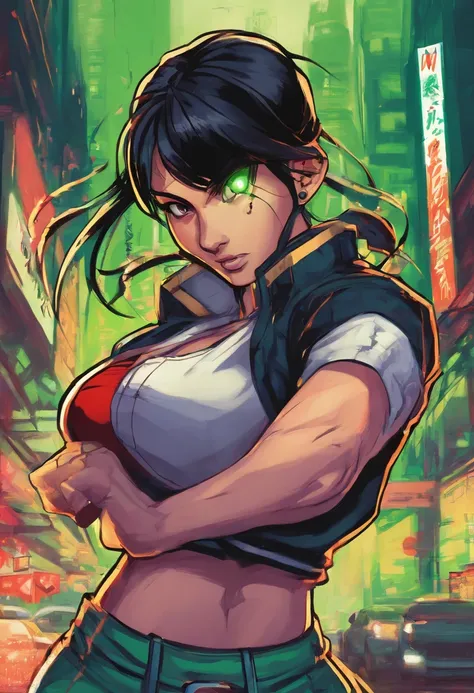 1girl, (masterpiece), black hair, short hair, green eyes, Black Cropped, short jeans, cyberpunk city,