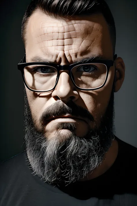 half-body portrait photo of a man wearing glasses, lumberjack beard style, real eyes, black eyes, wearing black shirt, serious f...