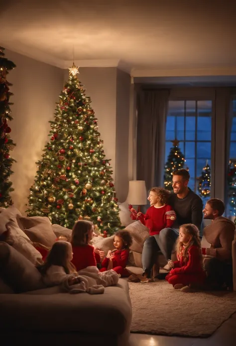 people in the christmas room, man, woman, children, sofa, decorated christmas tree, christmas night, high quality image, luminosity, clarity, merry christmas, happy people