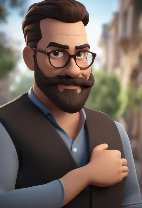 Cartoon character of a man with blue glasses, cabelos castanho e uma camisa preta, beard also black and a little gray, Thin face and smile on face animation character, Caractere estilizado, animation style rendering, 3D estilizado, Arnold Maya render, 3 d ...