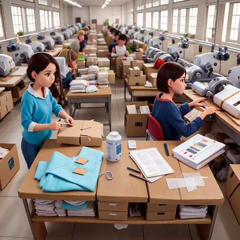 10 people working inside a garment factory. In the picture there is a clothes cutting machine, Sewing Machines, pessoas recortando roupas, pessoas mexendo no computador, 3 people looking at the camera and waving. People are in simple clothes, de trabalho. ...