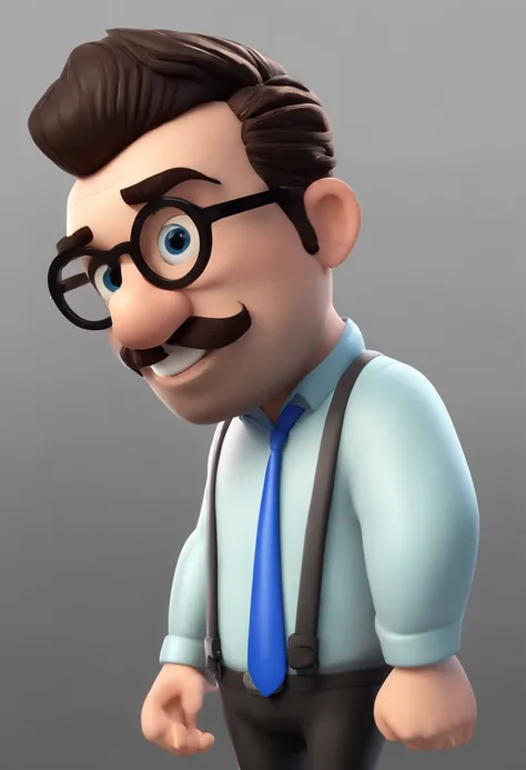 Cartoon character of a man with blue glasses,olhos verdes, cabelos castanho e uma camisa preta, beard also black and a little gray, Thin face and smile on face animation character, Caractere estilizado, animation style rendering, 3D estilizado, Arnold Maya...