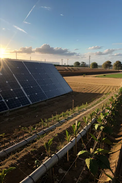 luz do sol, painel fotovoltaico, motobomba, Irrigation system, Realiy, high details