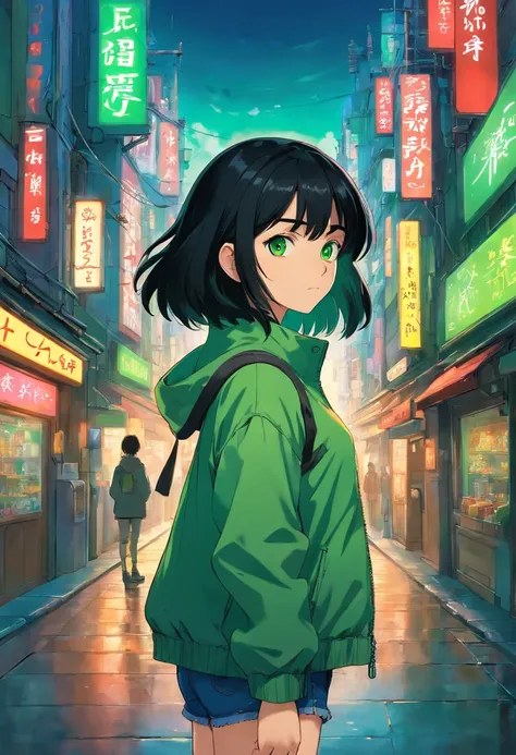 1girl, (masterpiece), black hair, short hair, green eyes, Green coat, short jeans, cyberpunk city,