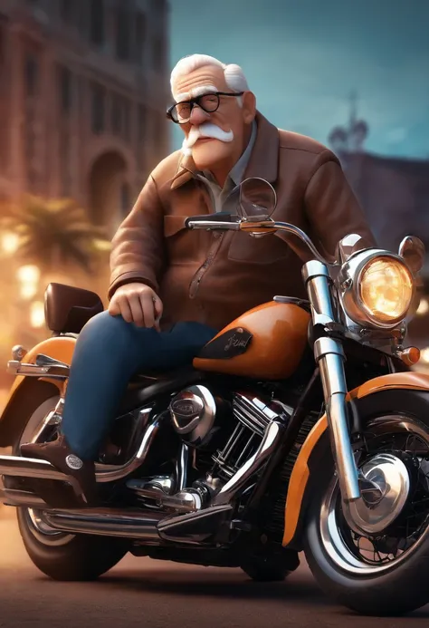 a 3D Disney Pixar style poster of an elderly man with glasses,  pilotando uma Harley Davison 883 em um passeio de motocicleta