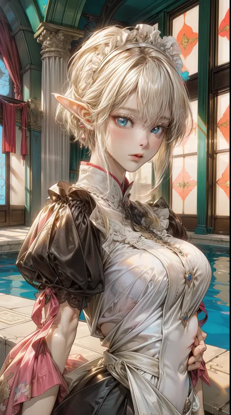 a portrait of Elf, brilliant background, ((1girl)), Victoria black maid dress, Very detailed illustration of an a beautiful Extremely cute elf race face with ((short white blonde hair)), asymmetrical bangs, insanely detailed face and eyes, Perfect lips, ((...