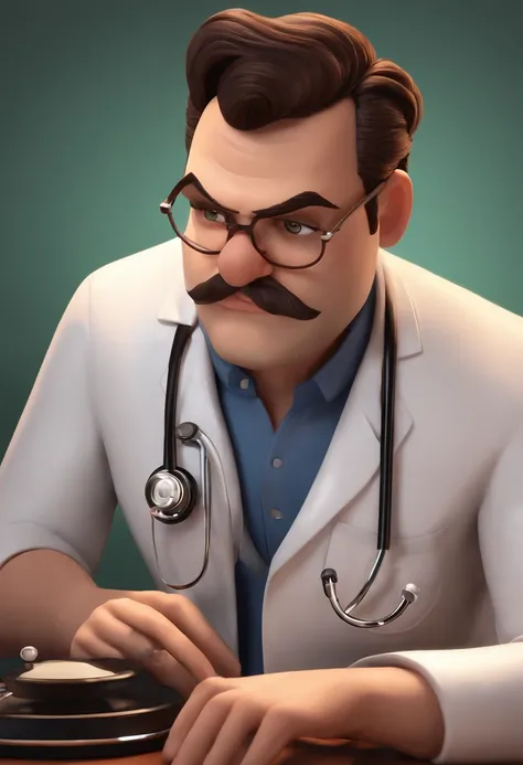 Create a veterinarian brunette man of pixar style character using a stethoscope, segurando uma pug femea, com cabelo curso, Hazel brown eyes