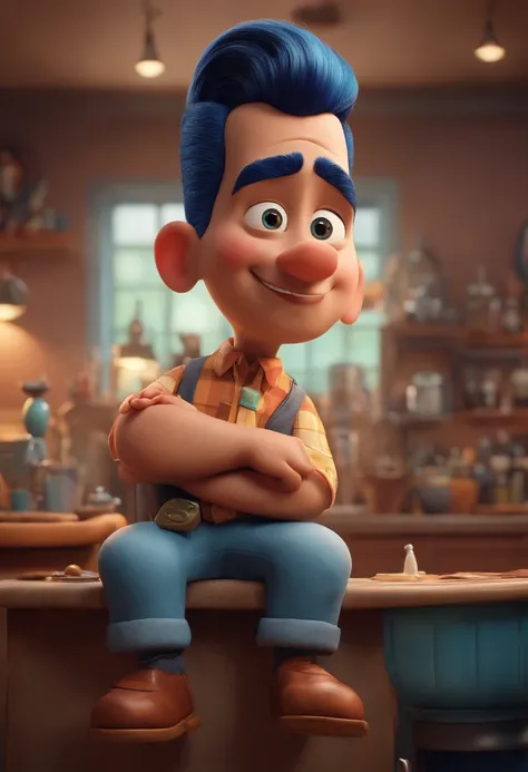 A Dream Barber Inspired by Pixar Animation, de perto. The character takes center stage with captivating facial expressions, oferecendo um toque de irrealidade, Cabelo curto e gordinho gradiente