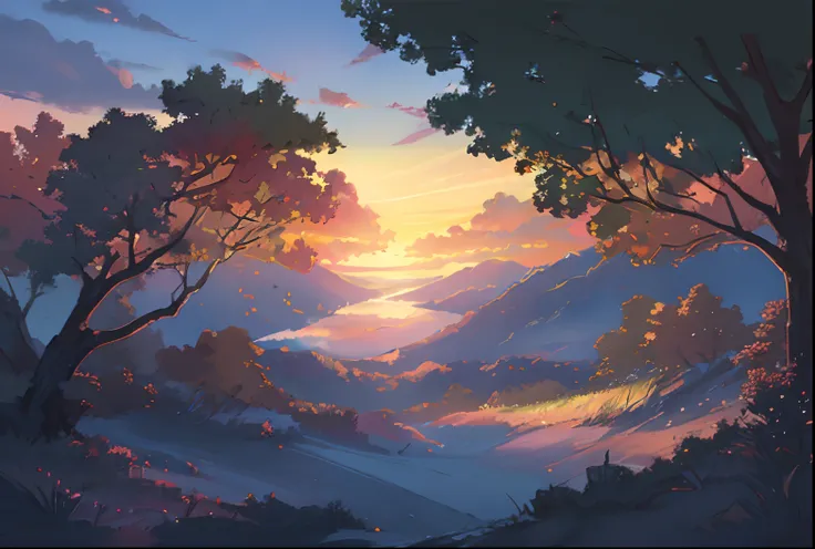 painting of a sunset in a mountain valley with a horse, anime landscape, scenery artwork, anime countryside landscape, inspired by sylvain sarrailh, by sylvain sarrailh, anime landscape wallpaper, anime background art, beautiful anime scenery, background a...