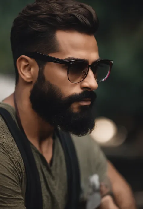 Brasileiro alto de barba, cabelos e olhos castanhos, wearing prescription glasses and a black t-shirt