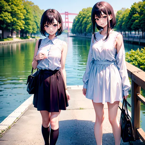 Two Japan women taking photos in a park on the Sumida River in Japan、It was a 27-year-old woman with small breasts with loose and fluffy long bob hair、One is a 31-year-old woman with small breasts and a long bob....The two are having fun、small tits、Small、d...