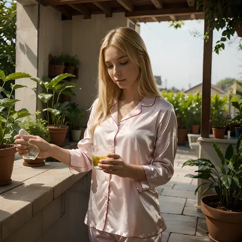 Blonde girl giving water for the plants in silk pijama