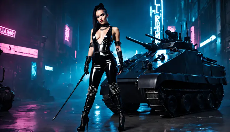 cyberpunk woman wearing black shiny low-cut pvc jumpsuit , wearing thigh high boots , chains , spikes and studs , holding riffle ,in front of battle tank, in cyberpunk battle at night , inlightened with neons