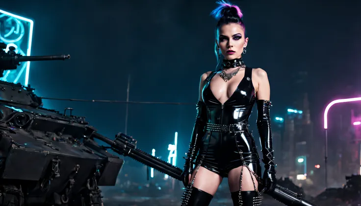 cyberpunk woman wearing black shiny low-cut pvc jumpsuit , wearing thigh high boots , chains , spikes and studs , holding riffle ,in front of battle tank, in cyberpunk battle at night , inlightened with neons